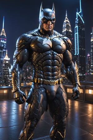 full body, facing camera, hero pose, looking at viewer, 3D rendering of [Batman], muscles, very well detailed eyes, perfect body, detailed with cybernetics and dark and black armor, night city background, intricately detailed, hdr , 8k, subsurface scattering, specular lighting, high resolution, octane rendering, neon ray tracing,