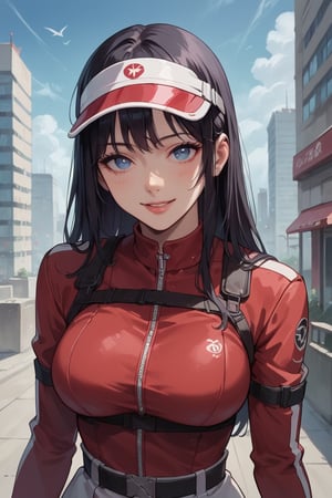 score_9, score_8_up, score_7_up, score_6_up, source_anime BREAK 1girl, solo   kodaiyui, black hair, visor cap, red and white bodysuit, long sleeves, belt, white skirt, breasts, looking at you, smile, blue sky, city, upper body, bored, blue eyes, big breasts, happy