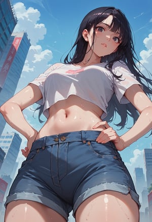 score_9, score_8_up, score_7_up, score_6_up, source_anime, 1girl, solo,  amagamitsu, black hair, long hair, black eyes, white t-shirt, midriff, denim shorts, shiny skin, sweat, hand on hip, from below, blue sky, city