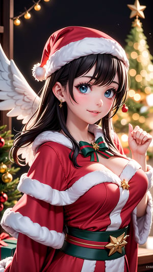 close up portrait, Highly detailed, High resolution scan, Unreal engine, Professional, 64K, UHD, HDR, Ansel Adams snowflake, archangel, Christmas tree, holy light, ,1 girl, Angel of Christmas,Japanese girl,Santa Claus,perfect,young girl,christmas