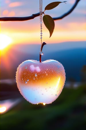 a delicate apple made of opal hung on branch  in the early morning light, adorned with glistening dewdrops. in the background beautiful valleys, divine iridescent glowing, opalescent textures, volumetric light, ethereal, sparkling, light inside body, bioluminescence, studio photo, highly detailed, sharp focus