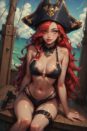 score_9, score_8_up, score_7_up,  1 girl, Miss Fortune (League of Legends), sitting on a ship, pirate ship, sea, thigh strap, shiny skin, blush, beautiful face, pale green eyes, red hair, hair over eye, white skin, pirate hat, bikini, dutch angle, holding a handgun, pink fingernails, moonlight, sails, smoke, water sparkles, smile,  , expressiveH      