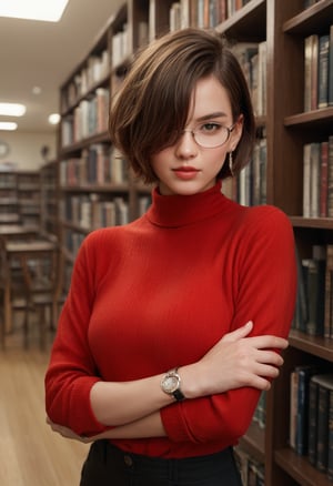 score_9, score_8_up, score_7_up, , BREAK 1girl, solo,   otthrn, brown hair, short hair, hair over one eye, earrings, red sweater, black pants, glasses, hand on own arm, library, looking at you