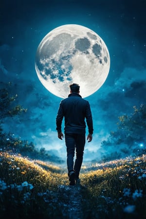  professional masterpiece, 8k, magical fantasy In the heart of a Moon light, a man walking under beautiful blue moon, moody misty atmospherics, highres, best quality, dramatic, cinematic, epic, pantone analogue style, (concept art, digital art, realistic, dynamic, (curvilinear perspective), high view angle, establishing shot, low depth of field, tilt shift, iris blur, bokeh, sharp clarity, fine intricate details, great lighting, warm dappled soft lighting, volumetric lighting, detailed highlights, rim lighting, low-key