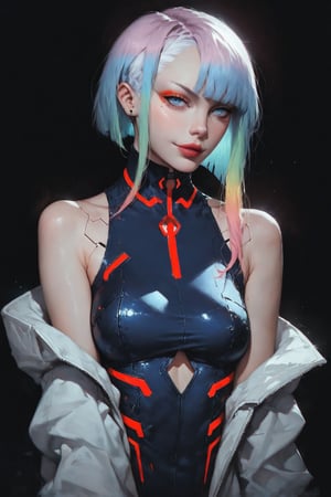 score_9, score_8_up, score_7_up, score_6_up,  BREAK 1girl, solo,  Best quality, masterpiece, ultra high res, (photorealistic:1.4), raw photo, cyberpunk edgerunners,1girl,solo, lucy \(cyberpunk\), bare shoulders, blue eyes, breasts, leotard, outdoor, looking at viewer, smile, medium breasts, off-shoulder jacket, off shoulder, red eyeliner, short hair, sleeveless turtleneck leotard, solo, turtleneck leotard, white hair, ((masterpiece)), cyberpunk, neon trim, street, white hair,