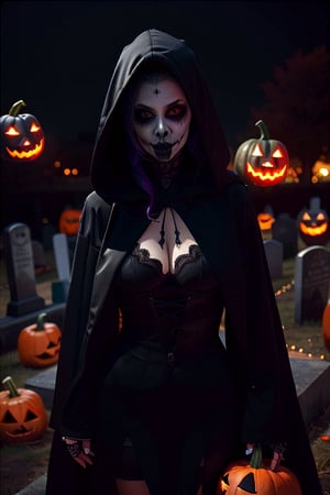 one girl, a vampire, beauty, long black gothic dress, black coat with a hood, sexy, black makeup, black lipstick, vampire style, seductive, graveyard with halloween pumpkins in background, flying bats, night, halloween style, dark mood, top quality,high res, ultrasharp, masterpiece, looking at viewer, centered, key visual,girl