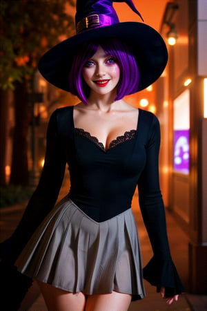 1 girl, Halloween orange eyes, short purple hair, bob haircut, hair on one side, gray face, deep shadows, glowing eyes, smile, pleated witch dress, pleated witch hat, magic wand, suburban street,street light,Halloween, dynamic posing.