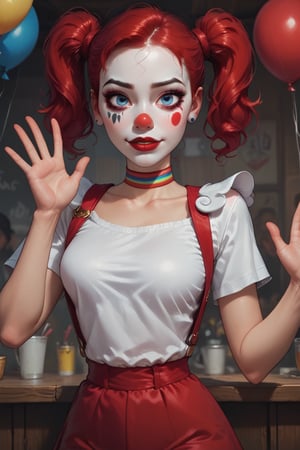score_9, score_8_up, score_7_up, 1girl, perfecteyes, short, young, busty, petite, (Clown girl:1.3), Pixar, Pigtails, white face paint, red nose, red lipstick, pigtails, tight shirt, suspenders, from the front, under the big top, at the circus, cheerful facial expression, waving, balloons in background