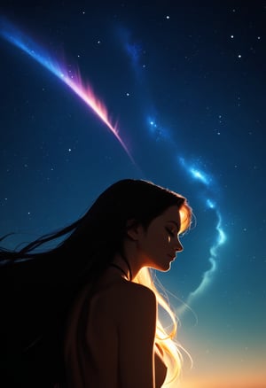 score_9,score_8_up,score_7_up,score_6_up,score_5_up,score_4_up, cosmic, galaxy, rainbow colors,backlight colors,silhouette colors, glittering, glimmering, upper body,ethereal,silhouette,backlighting,glowing,dreamy,twinkling night sky,starry,bright colors,high contrast,vivid lighting,,