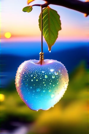 a delicate apple made of opal hung on branch  in the early morning light, adorned with glistening dewdrops. in the background beautiful valleys, divine iridescent glowing, opalescent textures, volumetric light, ethereal, sparkling, light inside body, bioluminescence, studio photo, highly detailed, sharp focus