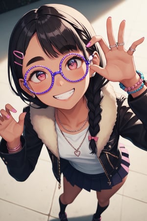 score_9, score_8_up, score_7_up, (1 japanese girl:1.2) ,(flat chest:0.7), black hair, petite, very cute, braids, reward smile, rating_explicit, thick eyebrows, thick round mounted glasses, large braided ponytails, big eyes, short stack, beautiful hairstyle, splendid round sparkling pink eyes, (perfect eyes), joyful facial expression, small and delicate, rich details, delicate accessories, soft, (perfect anatomy), (perfect hands:1.4), (perfect fingers:1.4), accurate designed hands, beautiful illustration, (bold pose), dreamy illustration, wallpaper, ((depth of field)), delicate, pretty, beautiful sky, hair clips, accessories, lovely character, kawaii, (extremely delicate eyes:1.2), looking at viewer, pink cropped top, cute mini-skirt, bolero jacket, fur scarves, knee-high boot, fashion girl, (flashy gyaru:1.2), happy, showy, many accessories:1.2, colorful clothes:1.2, kogal:1.2, grin, gyaru party gal, glossy sparkling fabric:0.6, dynamic lighting, high-contrast, happy pose, from above,