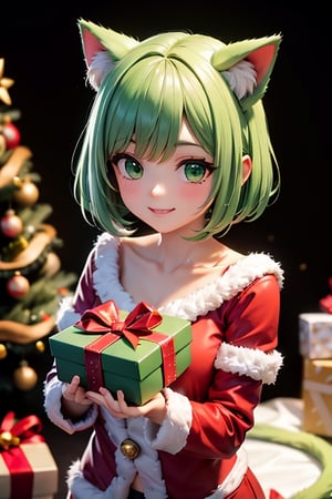 absurdres, highres, ultra detailed, Smile, a girl, cat ears, (light green:1.4) Short Bob, Beautiful green eyes, Santa Claus cosplay holding a present box in a cave, Santa's house is decorated with Christmas decorations,christmas