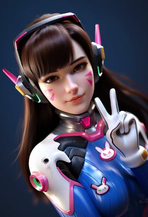 score_9, score_8_up, score_7_up, rating_safe, dark background 1 girl, solo, cute, (short:1.2), small body, (shortstack:1.1), d.va \(overwatch\), headshot portrait, side view, close-up, looking at viewer, bodysuit, (head tilt:1.2), white gloves, slight smile, headphones, dutch angle, v sign,