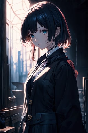eerie detailed art, next to anime girl, rim light, beautiful lighting and shading, deep background, vibrant complementary colors, sharp focus)