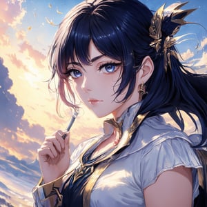 hd wallpapers for girls, in the style of indigo and gold, illusionary realism, realistic hyper-detail, anime aesthetic, shiny eyes, mythological imagery, light navy and gold