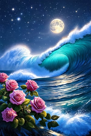 Zeen Chin Hyperrealistic style A beautiful painting of starry sky,layer upon layer of huge waves,deep blue water,pink roses of different sizes,romantic,dreamlike,moonlight,Thomas Kinkade,ultradetailed,illustration,4k,trends on Artstation,above+super wide angle,Greg Rutkowski,trends on Artstation