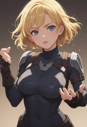 score_9, score_8_up, score_7_up, score_anime, anime screencap, medium breasts, (curvy), 1girl, solo, breasts, looking at viewer, short hair, blue eyes, blonde hair, gloves, fingerless gloves, medium hair, lips, bodysuit, dynamic pose, highly detailed, 