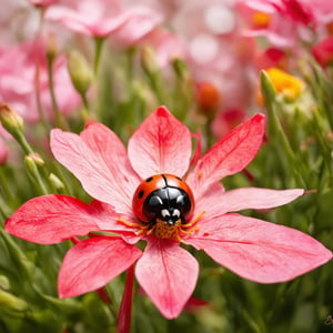 Close-up shot of a whimsical hybrid creature, part ladybug and part flamingo. The subject's body is covered in delicate, flower-petal-like feathers that shimmer in hues of pink and red, perfectly matching the surrounding blooms. Soft focus on the face, with bright, shiny eyes and a sweet smile. A tiny, intricately detailed ladybug shell adorns its neck. Framed against a lush backdrop of vibrant flowers, with subtle bokeh effect.