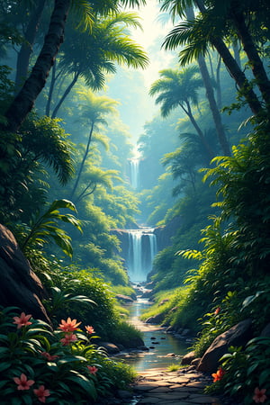 Anime style, highly detailed, highly dynamic cinematic panorama view, nature, entering the exotic jungle and majestic garden of Eden, digital artwork, illustrative, painterly, matte painting, highly detailed,  atmospheric haze, panoramic zoomed out view, highly dramatic lighting, MythP0rt
     