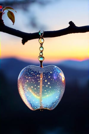 a delicate apple made of opal hung on branch  in the early morning light, adorned with glistening dewdrops. in the background beautiful valleys, divine iridescent glowing, opalescent textures, volumetric light, ethereal, sparkling, light inside body, bioluminescence, studio photo, highly detailed, sharp focus