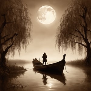A lone ghostly figure stands at the bow of a weathered boat, adrift in the misty wetlands under the soft glow of moonlight. The surrounding willow trees, their long branches like skeletal fingers, stretch towards the heavens as the wind whispers secrets through the tangled foliage. Brown tones and aged paper evoke a sense of nostalgia, while the surreal atmosphere is heightened by the presence of a Will-o'-the-wisp hovering in the distance. Inkpunk's illustration masterfully captures the quiet beauty and solitude of this eerie scene.