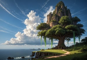 score_9, score_8_up, score_7_up, BREAK
, a majestic floating island with a colossal tree at its center, waterfalls cascading down into a mirror-like water surface, lush green foliage, detailed tree bark with glowing blue veins, serene sky with fluffy white clouds, distant planets visible in the sky, intricate vegetation,  depth of field, volumetric lighting, high dynamic range, sense of wonder and tranquility, extremely detailed background with layers of clouds, reflections in the water, glowing aura around the tree, magical and enchanting atmosphere, small red-robed figure on the island, peaceful and awe-inspiring scene