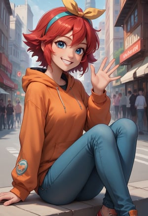 score_9, score_8_up, score_7_up, score_6_up, source_anime, BREAK 1girl, solo  caeldori, red hair, wing hair ornament, hairband, orange hoodie, jeans, smile, waving, city, sitting, looking at you
