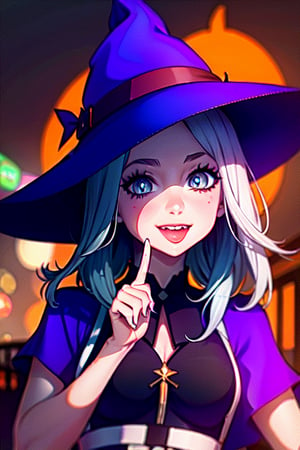 1girl, masterpiece, halloween, night, witch hat, silver hair, medium hair, smile,, finger to mouth, pointing at self, tongue,girl