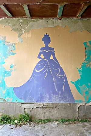 A worn, weathered wall serves as the backdrop for a vibrant mural, featuring a faded silhouette of a Disney princess. The once-vibrant colors of the artwork have succumbed to time and neglect, leaving only the faint outline of a regal figure. Faded yet still captivating, the princess's elegance lingers in the subtle brushstrokes and soft hues.