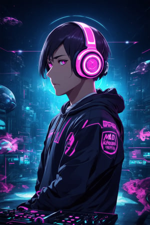  anime artwork sci-fi style cyberspace dj club, augmented reality street artist, wearing a holo-hoodie, from the sides and on the side, headphones, short neon undercut hair, bioluminescent, neon rim lighting, mad-cbrpnksplshrt, . futuristic, technological, alien worlds, space themes, advanced civilizations . anime style, key visual, vibrant, studio anime, highly detailed, diagram , dynamic,