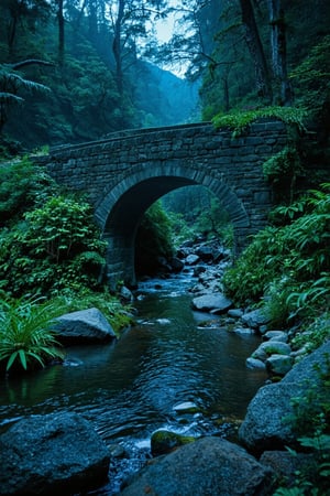(8k analog photo,magical landscape:1.2),
a stone bridge over a creek in a magical valley with glittering plantlife all around,
 bioluminescent