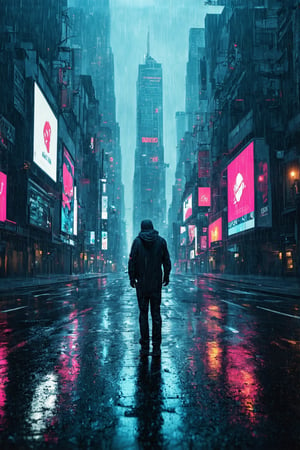 A gritty cyberpunk metropolis sprawls across the frame, neon lights reflecting off wet asphalt as rain-soaked streets glisten like a dystopian canvas. Towering skyscrapers loom in the background, their sharp angles and LED billboards a testament to human innovation and desperation. In the foreground, a lone figure - a hacker or rebel - stands defiantly amidst the chaos, backlit by a flickering holographic ad.