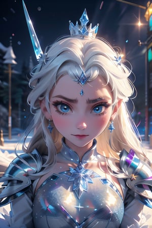 1girl, Elsa, latex armour, ice, snow, winter, sword, crown, evil, close-up, perfect boobs, high_res, high detailed, ,girl,glitter