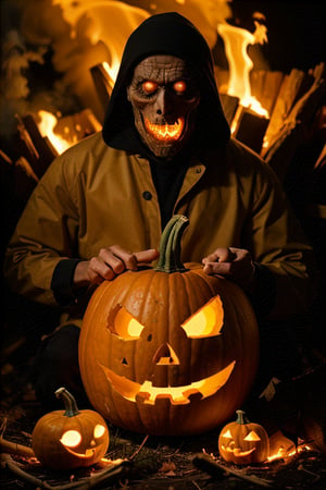 1man, pumpkin face, fire on pumpkin, high_res, horror, scary look