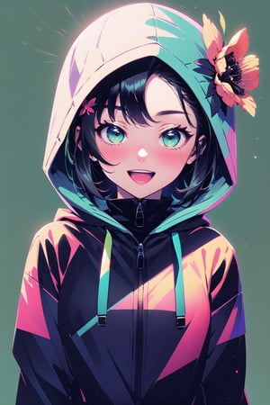 1girl, solo, hair ornament, green eyes, black hair, smile, flower, hood, hair flower, short hair, hairclip, open mouth, looking at viewer, blush, upper body, bangs, hood up, zipper, long sleeves, green background, :d