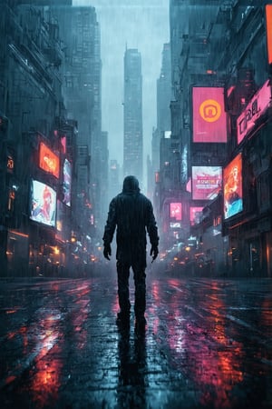 A gritty cyberpunk metropolis sprawls across the frame, neon lights reflecting off wet asphalt as rain-soaked streets glisten like a dystopian canvas. Towering skyscrapers loom in the background, their sharp angles and LED billboards a testament to human innovation and desperation. In the foreground, a lone figure - a hacker or rebel - stands defiantly amidst the chaos, backlit by a flickering holographic ad.