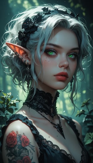 score_9, score_8_up, score_7_up, score_6_up, A beautifully detailed portrait of a gothic elf woman with long, flowing silver hair and piercing green eyes, set in a dark fantasy world. Her face and neck are adorned with intricate, glowing tattoos that shift colors from blue to green, blending fantasy elements with a cyberpunk aesthetic. She wears a dark, gothic gown with cybernetic enhancements, featuring glowing runes and high-tech patterns. Her expression is intense and mysterious, captured with hyper-realistic detail and ultra-detailed facial features. The background is a misty, enchanted forest bathed in the soft glow of bioluminescent plants, adding a mystical and otherworldly feel to the scene. The lighting is natural and cinematic, highlighting the sharp contrast between the dark atmosphere and the vibrant colors of her tattoos, creating a striking, magazine-worthy image.