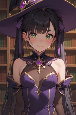 score_9, score_8_up, score_7_up, score_6_up, 
1girl, 25 years old, perfect face, close view, cute, petite, 
green eyes, 
very long hair,  black hair, twintails, hair ribbon, 
earrings, purple witch hat, jewelry, 
blue leotard, purple leotard, bodystocking, pantyhose, elbow gloves, purple gloves, detached sleeves, gold trim, 
blush, shy smile, 
bookshelf,
portrait, face focus, detailed face,