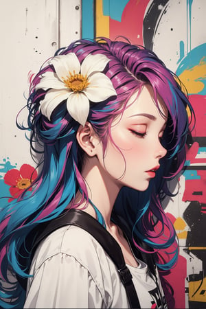 1girl, solo, long hair, hair ornament, blue hair, closed eyes, pink hair, flower, multicolored hair, hair flower, from side, eyelashes, profile, makeup, lipstick, portrait, red lips, colorful, rainbow hair,  (white backgound:1.4), high resolution, high contrast, abstract, masterpiece, high quality,  street art, casual outfit, vibrant, urban, detailed, tag, mural,graffiStyle, 