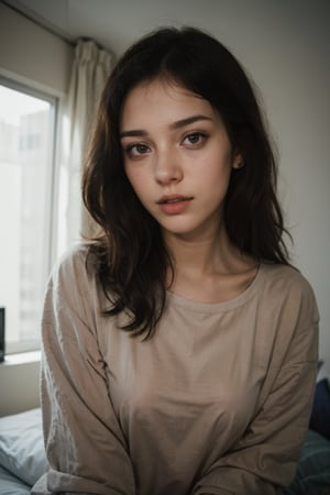 25 yo girl, brunette, close-up, girl next door, baggy clothes, night, interior, messy hair