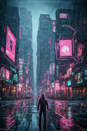 A gritty cyberpunk metropolis sprawls across the frame, neon lights reflecting off wet asphalt as rain-soaked streets glisten like a dystopian canvas. Towering skyscrapers loom in the background, their sharp angles and LED billboards a testament to human innovation and desperation. In the foreground, a lone figure - a hacker or rebel - stands defiantly amidst the chaos, backlit by a flickering holographic ad.,Digital,Style