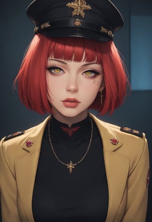 score_9, score_8_up, score_7_up, masterpiece, best quality, absurdres, very aesthetic, ((she judging you silently)), 1girl, solo, milf, looking at viewer, red hair, short hair, bob haircut, hime_cut, round face, yellow eyes, large breasts, standing, emotionless expression, [red lips:0.4], cleavage, yellow jacket, long jacket, black shirt, pantyhose, black pencil skirt with side slit, ((military_uniform, military hat)), 8k UHD, arms_crossed, niji6, ((male POV)), head tilted right, ((close up to you, from above)), BREAK, masterpiece, best quality, window, office room, night, cyberpunk city, neon light, computers, indoors,