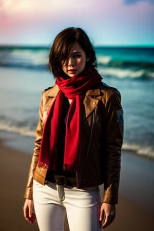   masterpiece, best quality, highres, hmmikasa, short hair, black eyes, scarf, emblem, belt, thigh strap, red scarf, white pants, brown jacket, long sleeves, cowboy shot, standing, on the beach, tall girl, 4k, (photorealistic:1.5), beautiful lighting, (ulzzang-6500:0.5), realistic
,hmmikasa