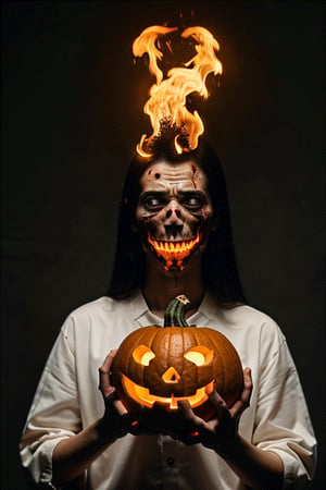 1man, pumpkin face, fire on face, high_res, horror, scary look