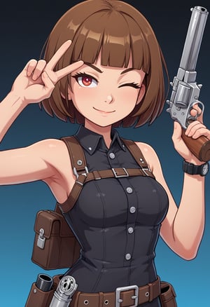 score_9, score_8_up, score_7_up, 8k,1girl, solo, armpits, belt, black background, black belt, black dress, blue background, blunt bangs, brown hair, buttons, closed mouth, dress, gun, hand up, handgun, holster, holstered, light smile, looking at viewer, one eye closed, red eyes, revolver, short hair, upper body, utility belt, v, v-shaped eyebrows, watch, masterpiece, best quality