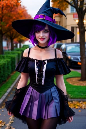 1 girl, Halloween orange eyes, short purple hair, bob haircut, hair on one side, gray face, deep shadows, glowing eyes, smile, pleated witch dress, pleated witch hat, magic wand, suburban street,street light,Halloween, dynamic posing.