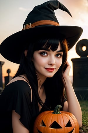 best quality,ultra-detailed,high resolution,cinematic, detailed face, detailed body,(seductive woman),(smile:1.1),(matured female),aged up,sharp focus,face focus,anime face, droopy eyes,black eyes,black hair,(parted bangs:1.2),sorcereress,witch,(black witch hat:1.2),pale skin,helloween,perfect child face, jack-o'-lantern,(black cat), In the graveyard,alphonseMucha