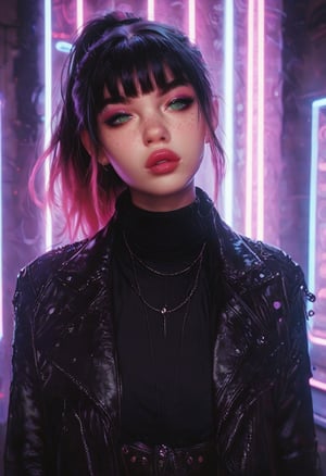 score_9, score_8_up, score_7_up BREAK solo, 1girl, cowboy shot, nightclub, neon lights, bokeh, depth of field, black hair, pink dyed hair, ponytail, bangs, green eyes, freckles, makeup, leather jacket, turtleneck, high waist pants