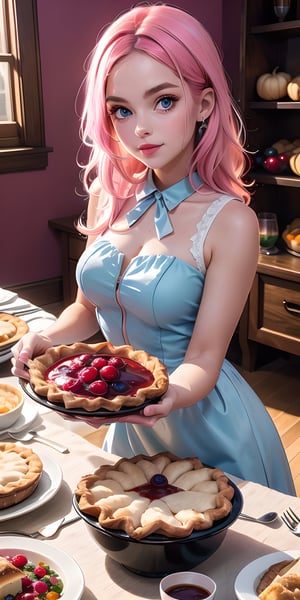 1girl, Thanksgiving Day, beautiful girl, sitting, holding a roast turkey, surrounded by potatoes, vegetables, cranberry sauce, gravy, and pie, looking at the viewer, pink hair, blue eyes, white dress, upper body
,glitter