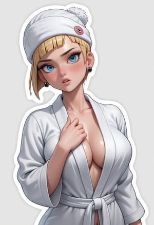 score_9, score_8_up, score_7_up, score_6_up, (die-cut sticker:1.4), 1girl, solo  erasa, blonde hair, blue eyes, earrings, big breasts, white bathrobe, looking at you, towel on head, chestnut mouth, blush, simple background, stickers, outline